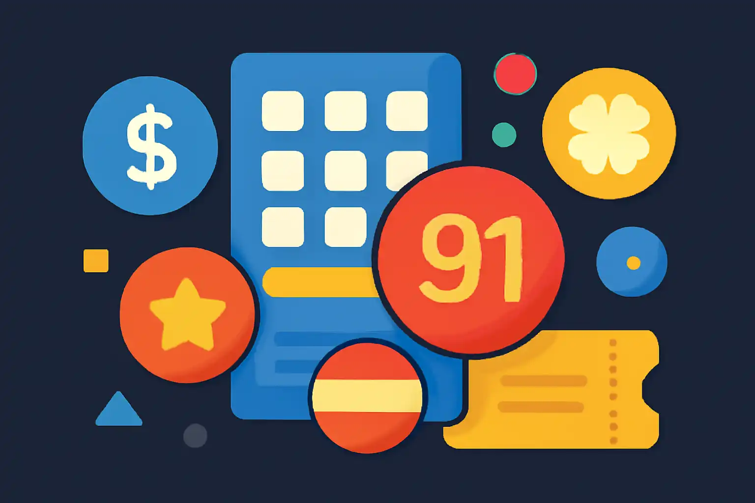 Hero illustration: 91 Lottery, modern flat design, dark background, brand-neutral, icons and shapes only, no text