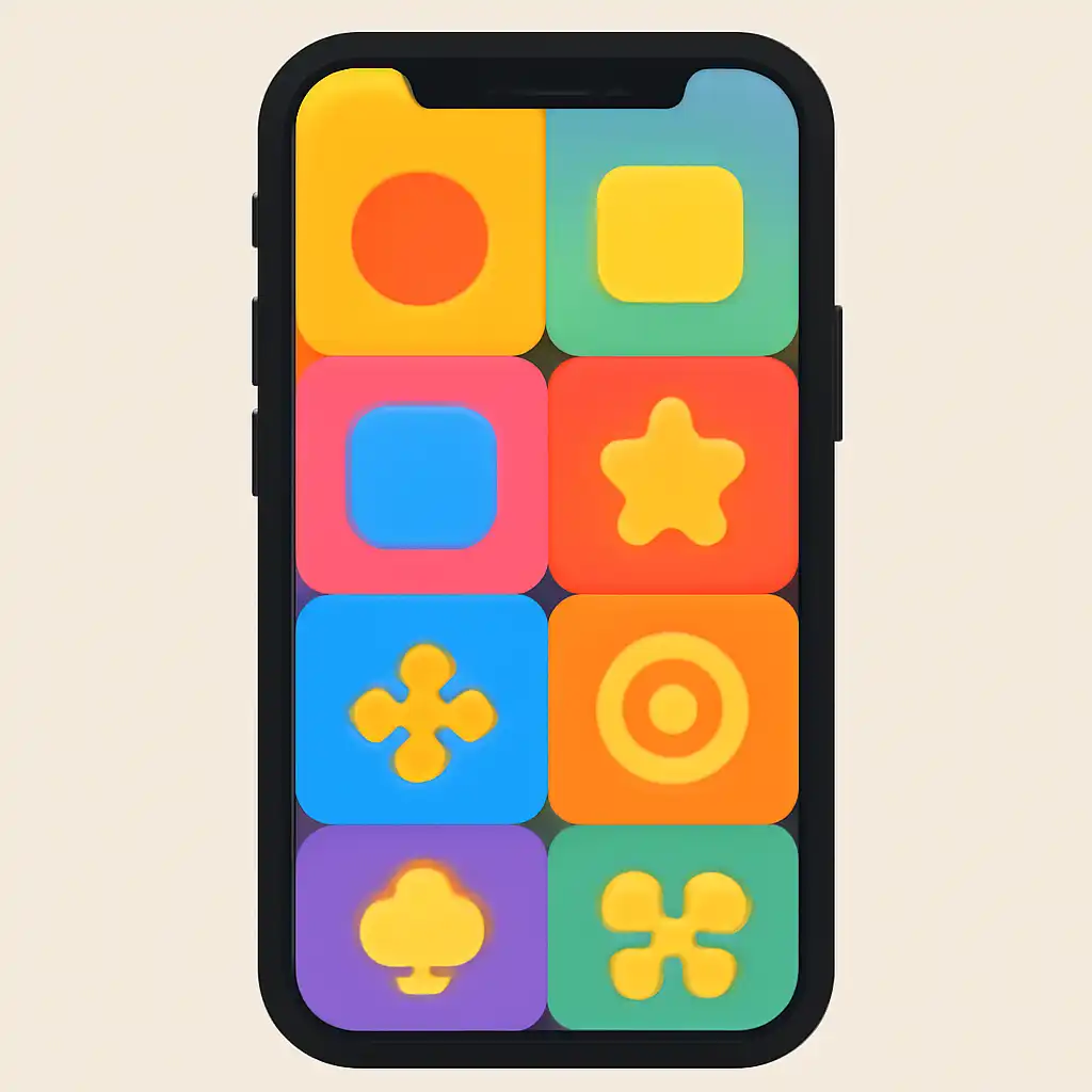 Smartphone shown from the front displaying a colourful flat layout of abstract game icons and rounded tiles (no text, no letters, no labels), 91 Lottery