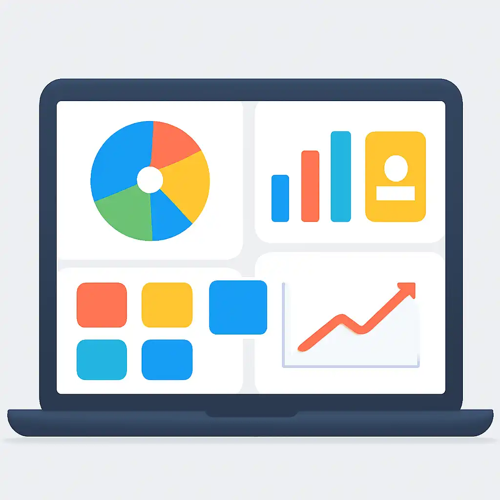Laptop shown from the front displaying a colourful flat dashboard of abstract charts, bars and icon tiles (no text, no letters, no labels), 91 Lottery